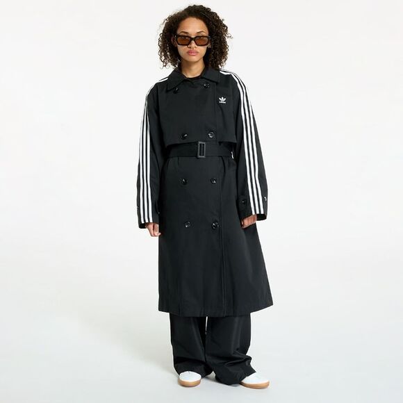 Adidas Originals Twill Trench Coat Black White Three Stripes Women's Small Belt - Picture 13 of 13